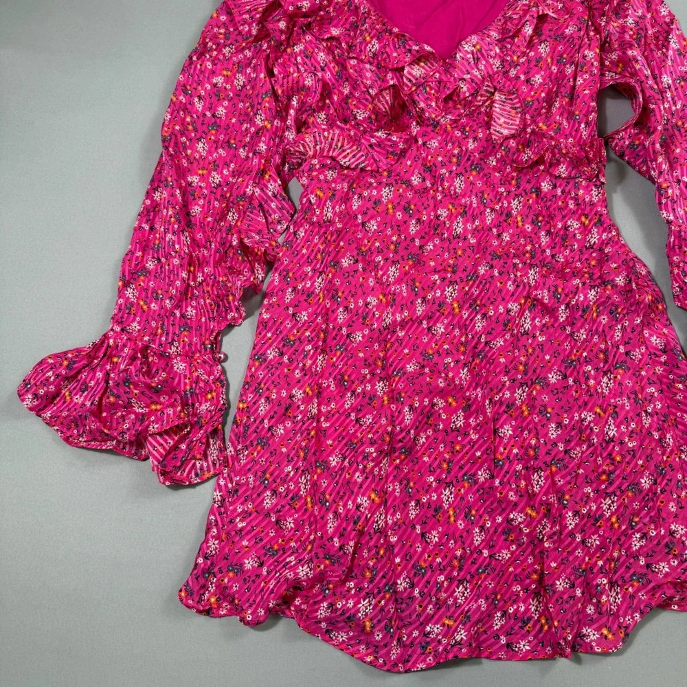 Free People Mini Dress Womens Size 6 Pink Floral Ruffle Flounce Sleeve OB1240766